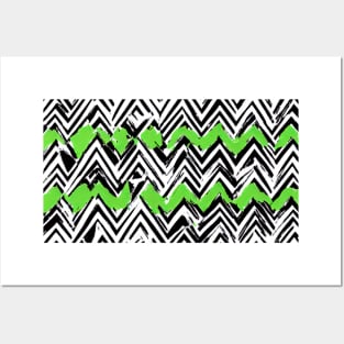 Abstract black and white zig zag pattern with green blobs Posters and Art